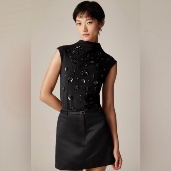 NWT J. Crew Stretch Cotton-blend Mockneck Floral Embellishment Black - Picture 1 of 6